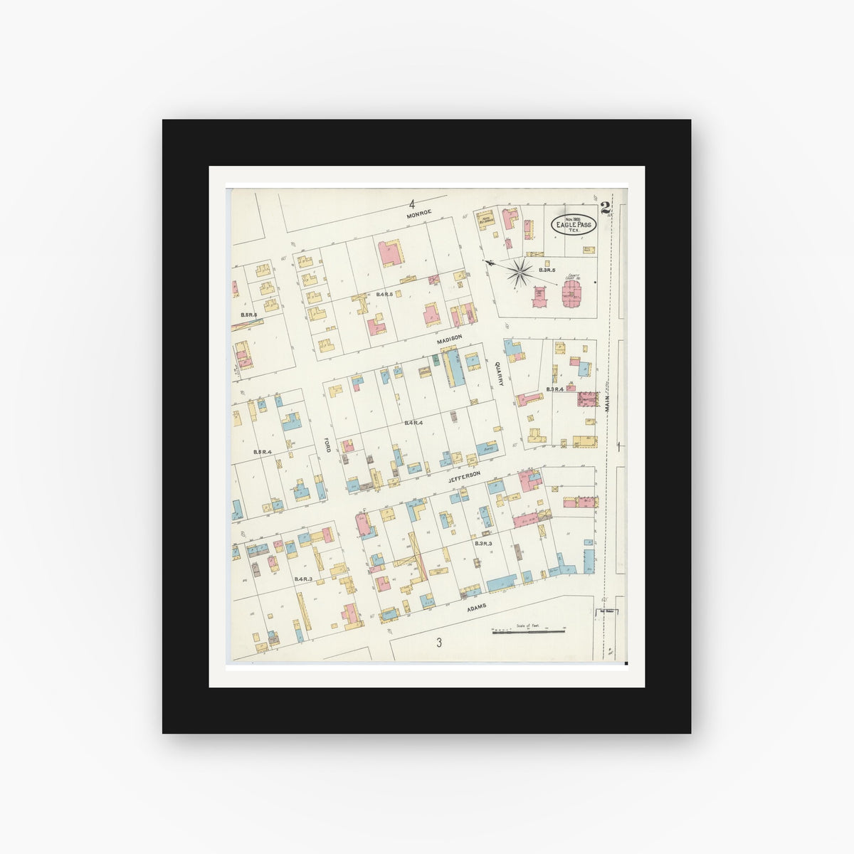 Old map wall art mockup — black gallery frame with white mat — Sanborn Fire Insurance Map from Eagle Pass, Maverick County, Texas (1905), Sheet #0002
