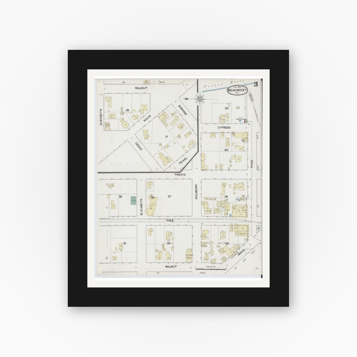 Old map wall art mockup — black gallery frame with white mat — Sanborn Fire Insurance Map from Beaumont, Jefferson County, Texas (1889), Sheet #0003