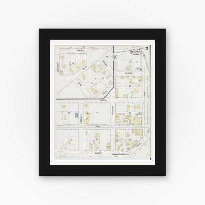 Old map wall art mockup — black gallery frame with white mat — Sanborn Fire Insurance Map from Beaumont, Jefferson County, Texas (1889), Sheet #0003