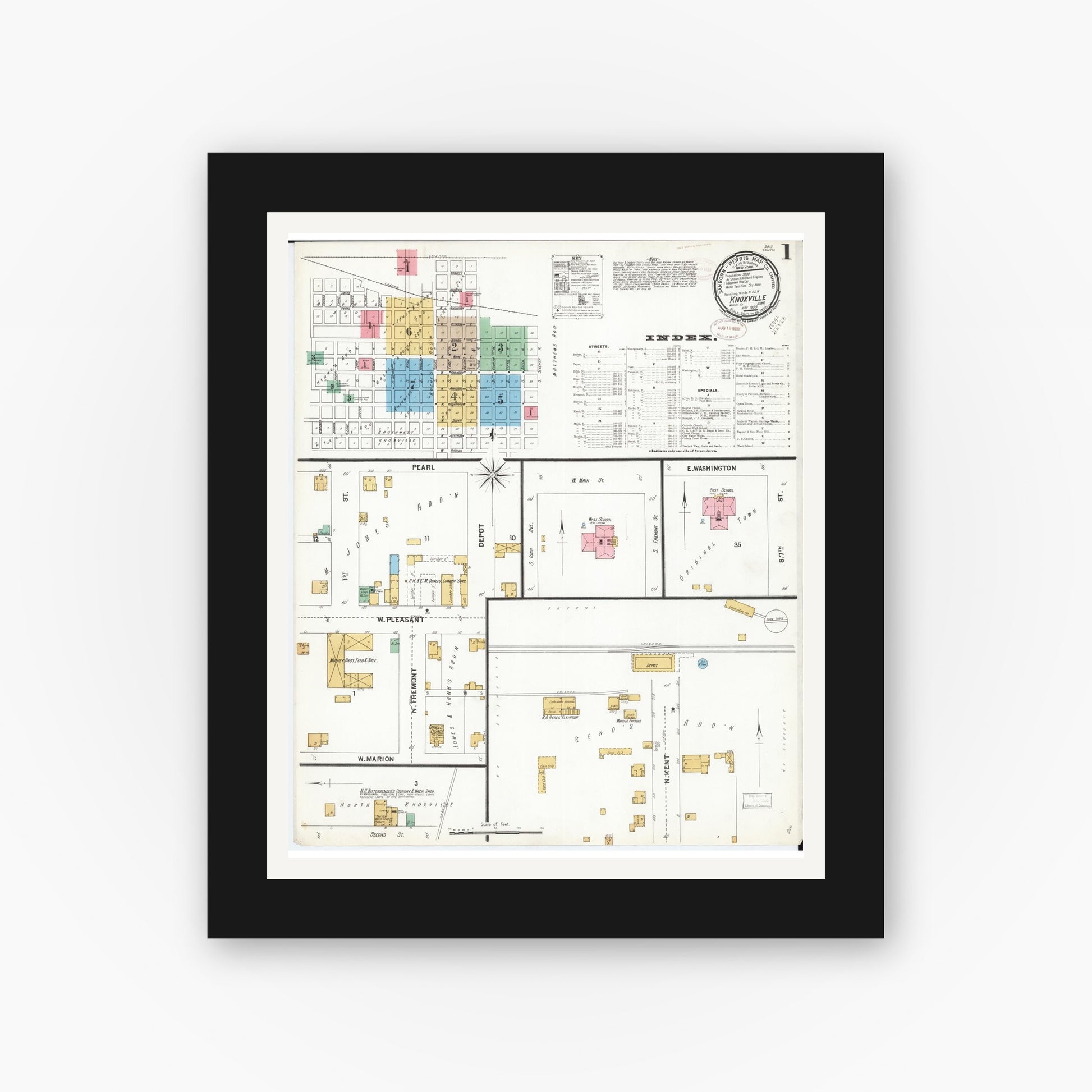 Old map wall art mockup — black gallery frame with white mat — Sanborn Fire Insurance Map from Knoxville, Marion County, Iowa (1899) â€” Complete Set