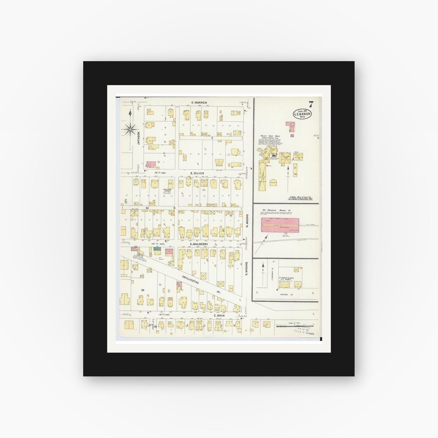 Old map wall art mockup — black gallery frame with white mat — Sanborn Fire Insurance Map from Lebanon, Warren County, Ohio (1907), Sheet #0007