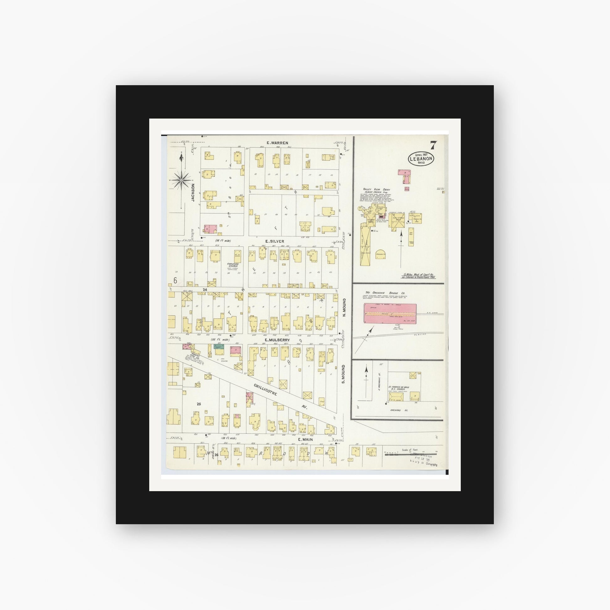Old map wall art mockup — black gallery frame with white mat — Sanborn Fire Insurance Map from Lebanon, Warren County, Ohio (1907), Sheet #0007