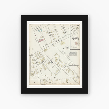 Old map wall art mockup — black gallery frame with white mat — Sanborn Fire Insurance Map from Marinette, Marinette County, Wisconsin (1884), Sheet #0009