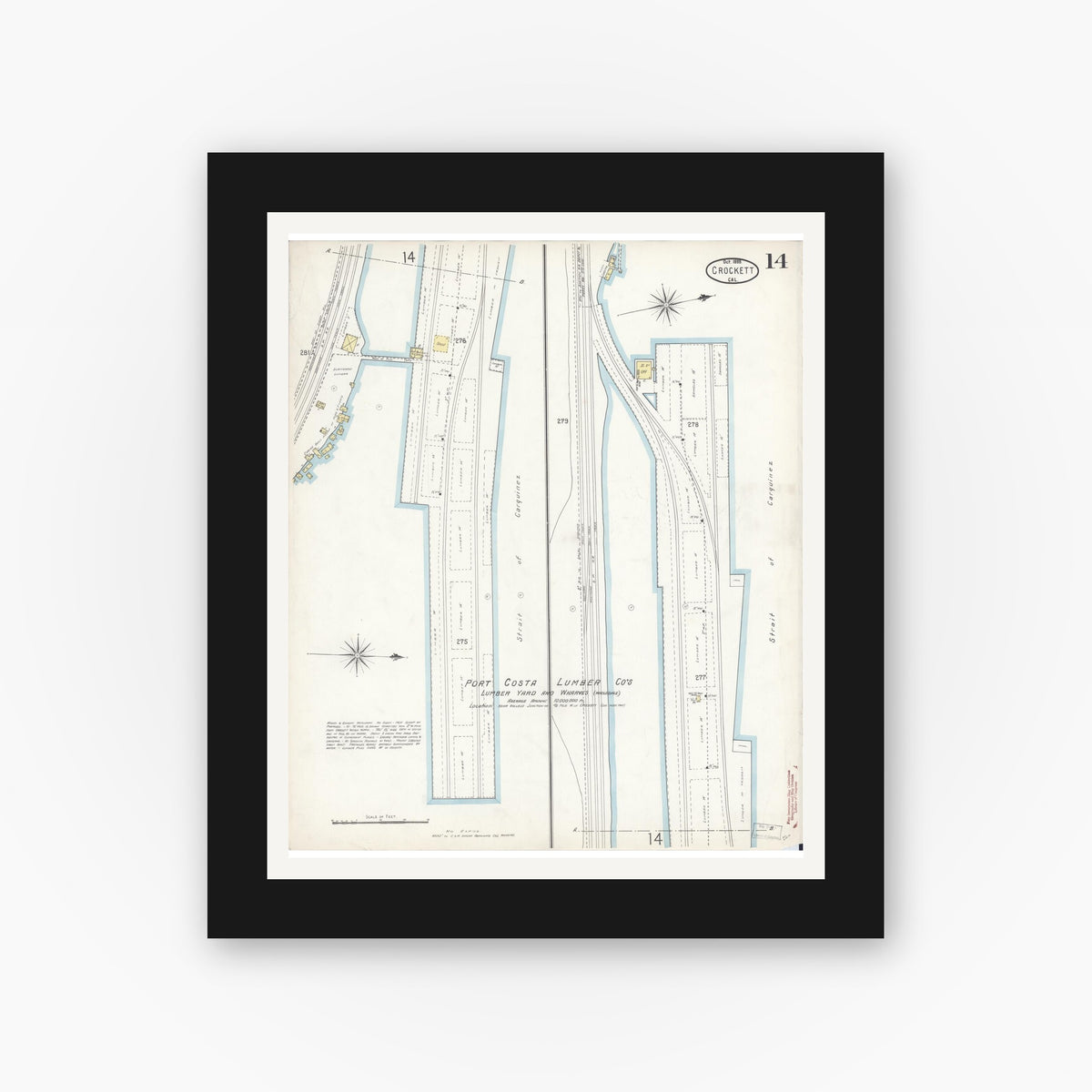 Old map wall art mockup — black gallery frame with white mat — Sanborn Fire Insurance Map from Crockett, Contra Costa County, California (1899), Sheet #0014