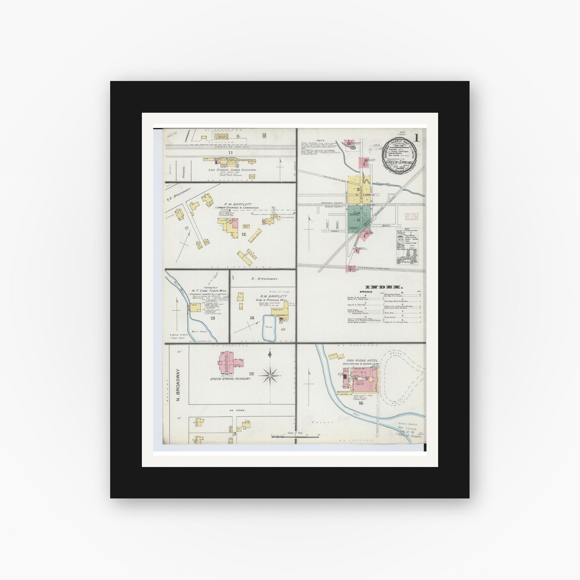 Old map wall art mockup — black gallery frame with white mat — Sanborn Fire Insurance Map from Green Springs, Sandusky And Seneca Counties, Ohio (1893), Sheet #0001