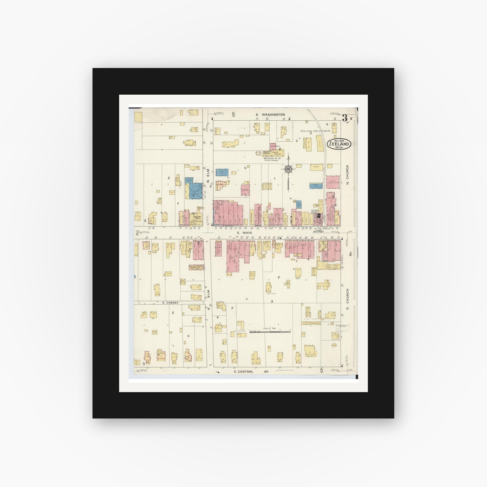 Old map wall art mockup — black gallery frame with white mat — Sanborn Fire Insurance Map from Zeeland, Ottawa County, Michigan (1916), Sheet #0003