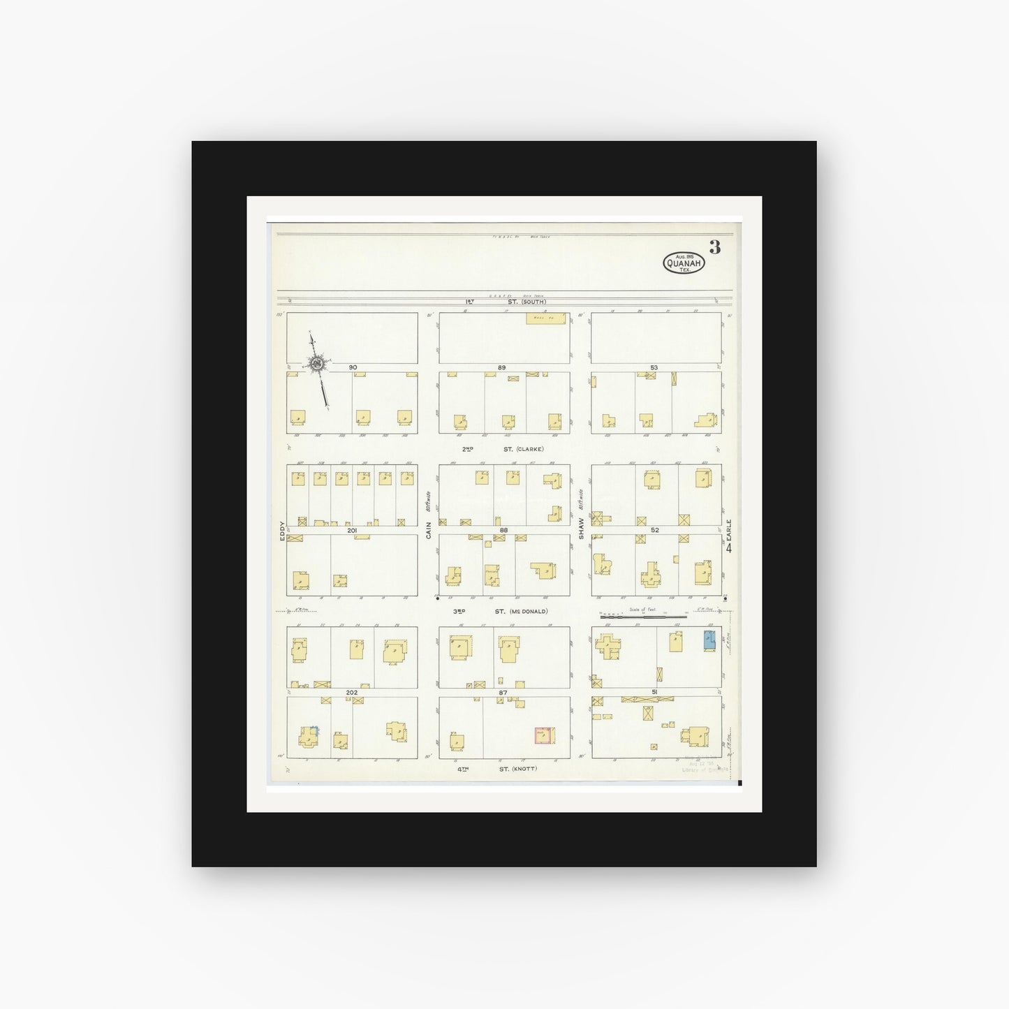 Old map wall art mockup — black gallery frame with white mat — Sanborn Fire Insurance Map from Quanah, Hardeman County, Texas (1915), Sheet #0003