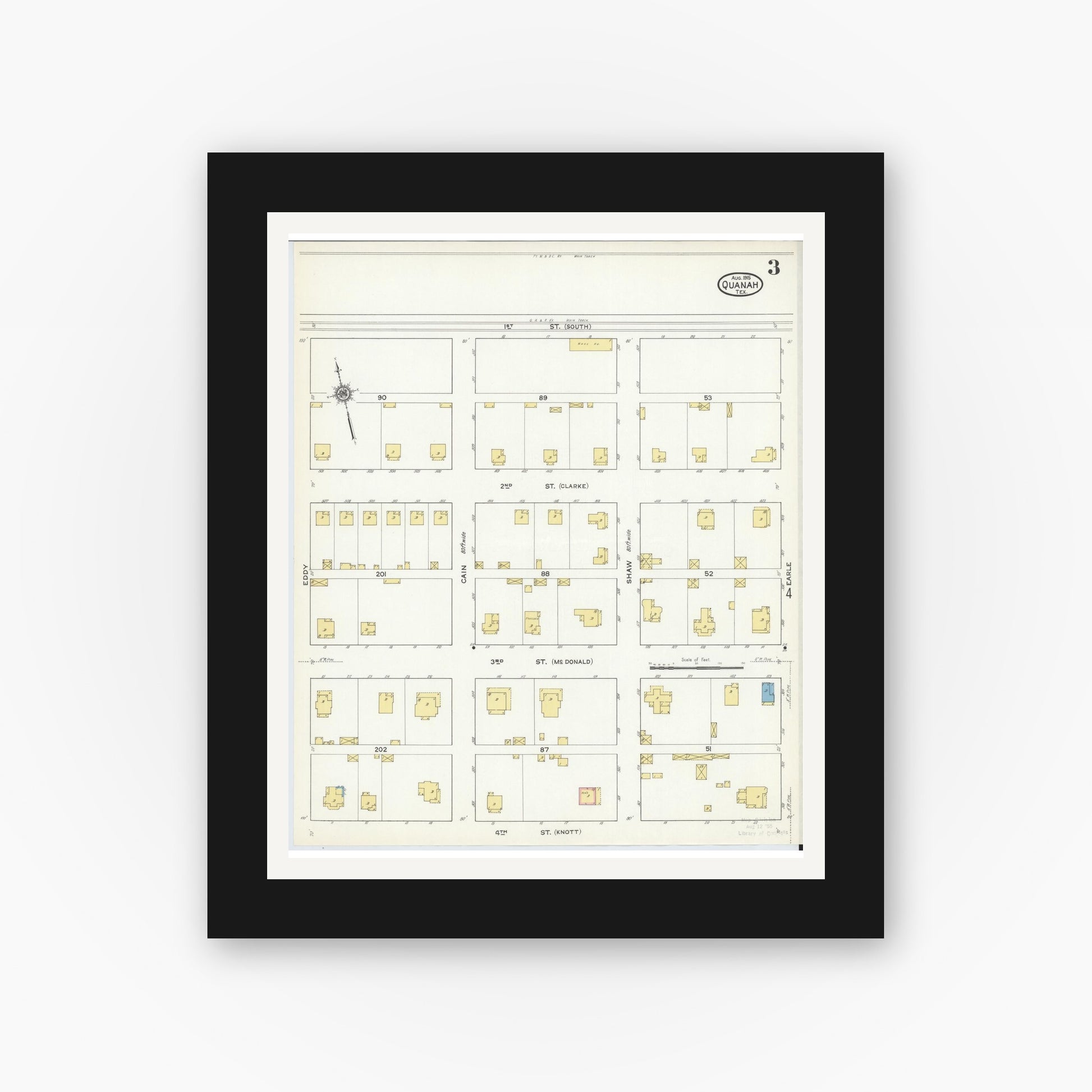 Old map wall art mockup — black gallery frame with white mat — Sanborn Fire Insurance Map from Quanah, Hardeman County, Texas (1915), Sheet #0003