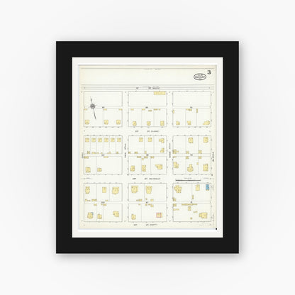 Old map wall art mockup — black gallery frame with white mat — Sanborn Fire Insurance Map from Quanah, Hardeman County, Texas (1915), Sheet #0003
