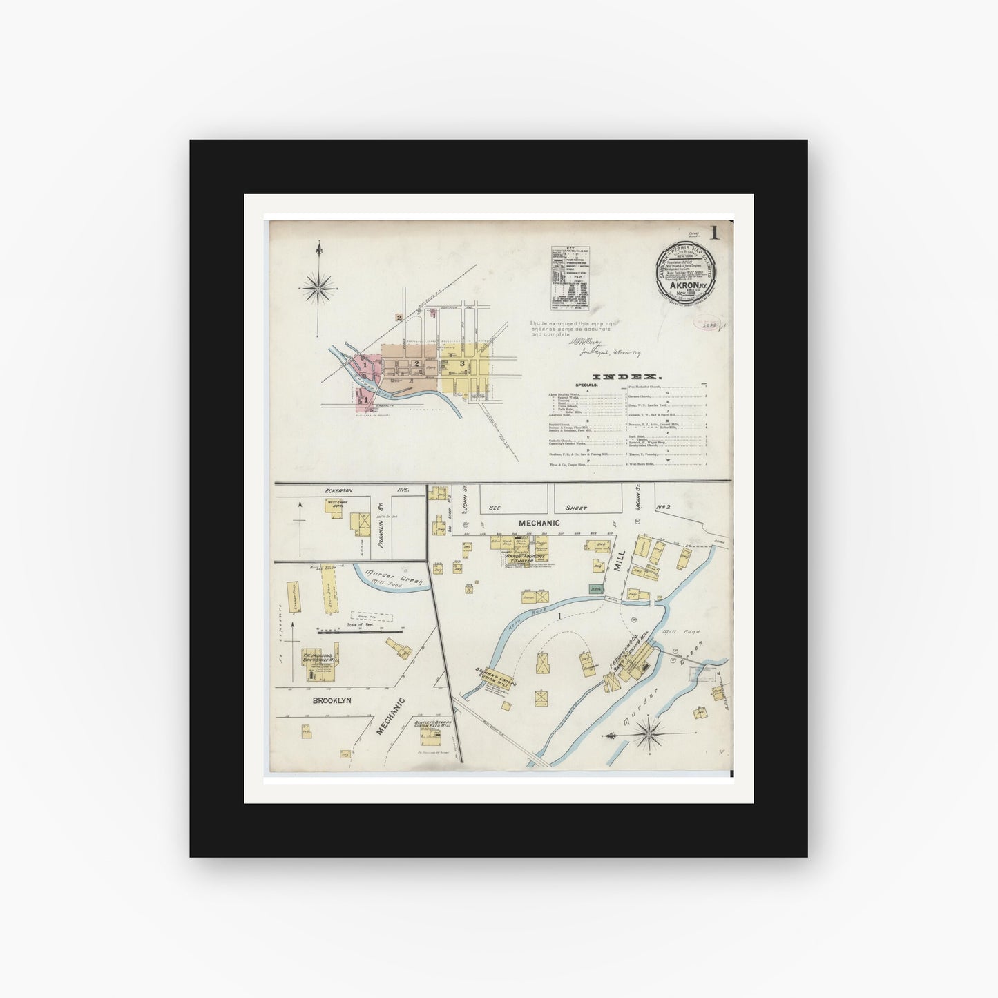 Old map wall art mockup — black gallery frame with white mat — Sanborn Fire Insurance Map from Akron, Erie County, New York (1889) - Complete Map Set