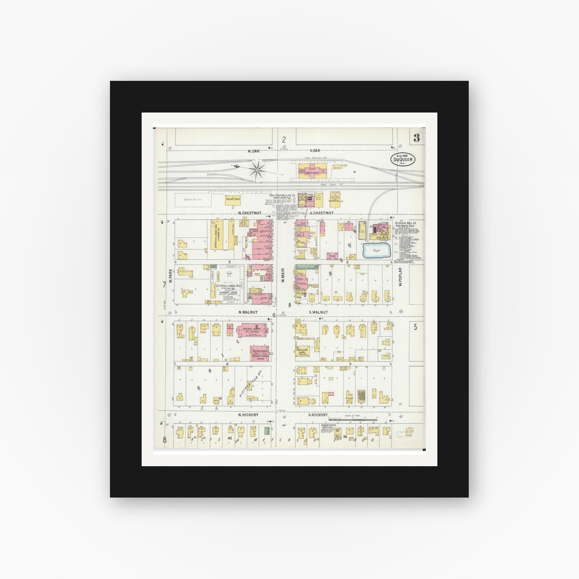 Old map wall art mockup — black gallery frame with white mat — Sanborn Fire Insurance Map from Du Quoin, Perry County, Illinois (1900), Sheet #0003