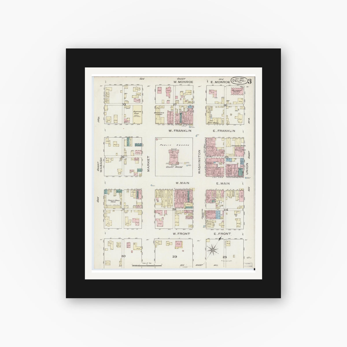 Old map wall art mockup — black gallery frame with white mat — Sanborn Fire Insurance Map from Delphi, Carroll County, Indiana (1886), Sheet #0003