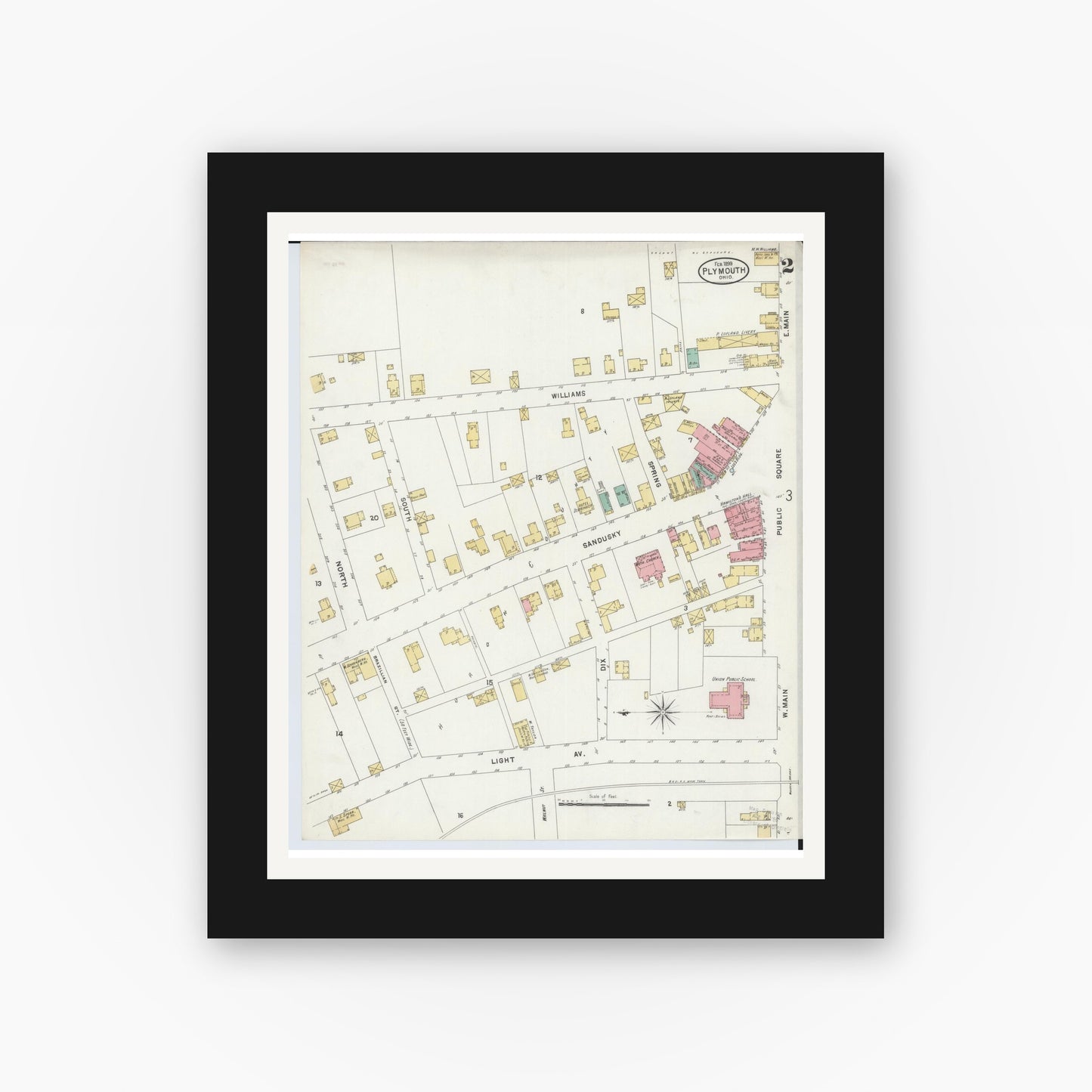 Old map wall art mockup — black gallery frame with white mat — Sanborn Fire Insurance Map from Plymouth, Huron And Richland Counties, Ohio (1899), Sheet #0002