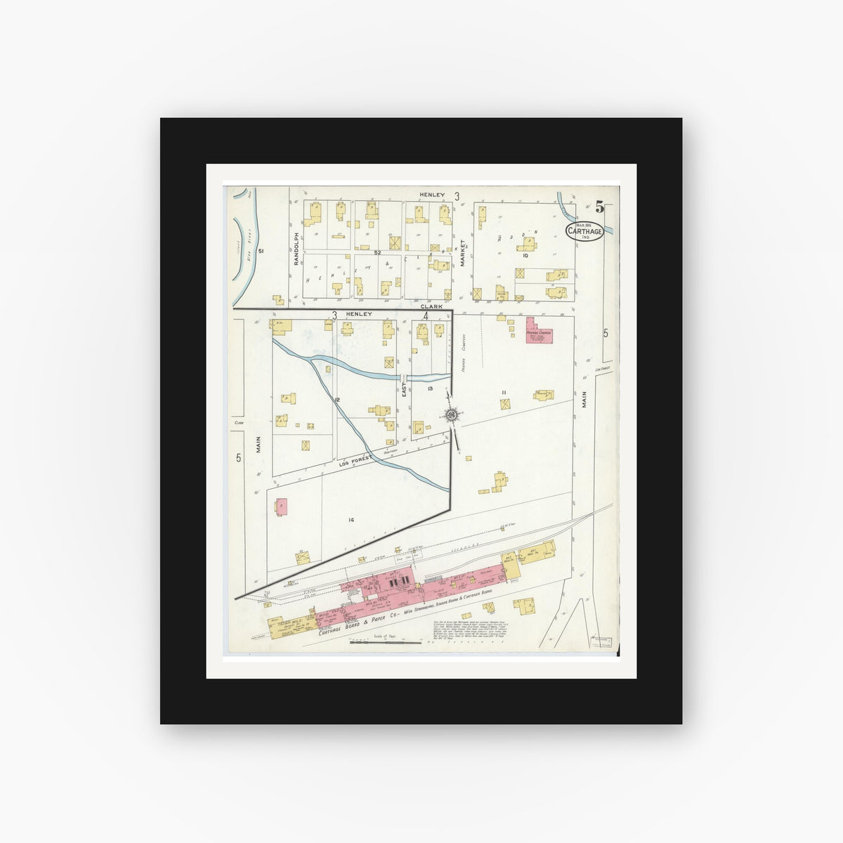 Old map wall art mockup — black gallery frame with white mat — Sanborn Fire Insurance Map from Carthage, Rush County, Indiana (1916), Sheet #0005