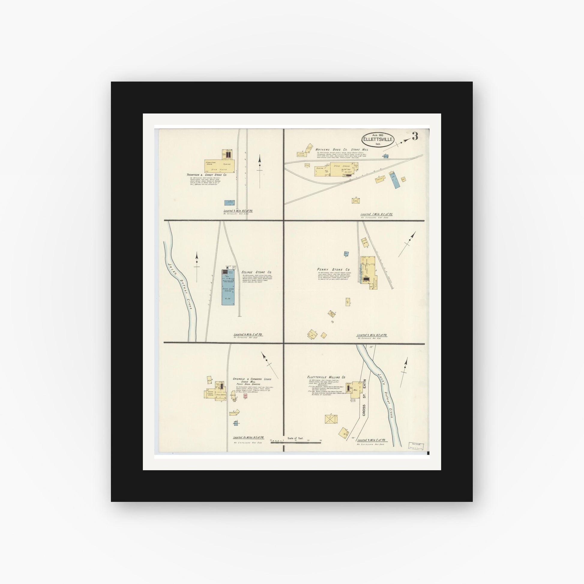 Old map wall art mockup — black gallery frame with white mat — Sanborn Fire Insurance Map from Ellettsville, Monroe County, Indiana (1910), Sheet #0003
