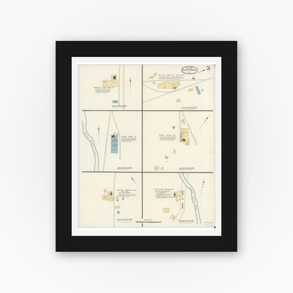 Old map wall art mockup — black gallery frame with white mat — Sanborn Fire Insurance Map from Ellettsville, Monroe County, Indiana (1910), Sheet #0003