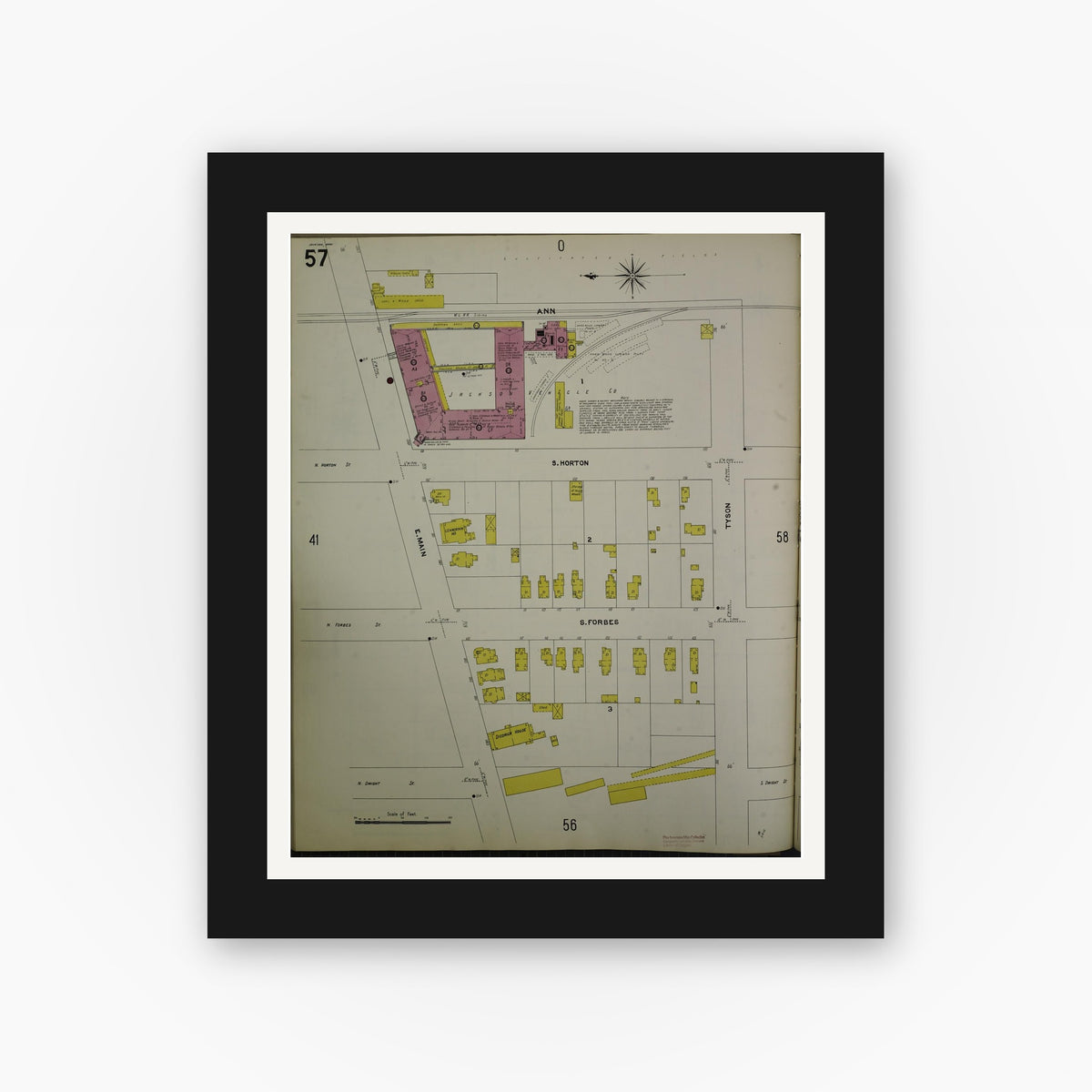 Old map wall art mockup — black gallery frame with white mat — Sanborn Fire Insurance Map from Jackson, Jackson County, Michigan (1907), Sheet #0057