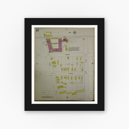 Old map wall art mockup — black gallery frame with white mat — Sanborn Fire Insurance Map from Jackson, Jackson County, Michigan (1907), Sheet #0057