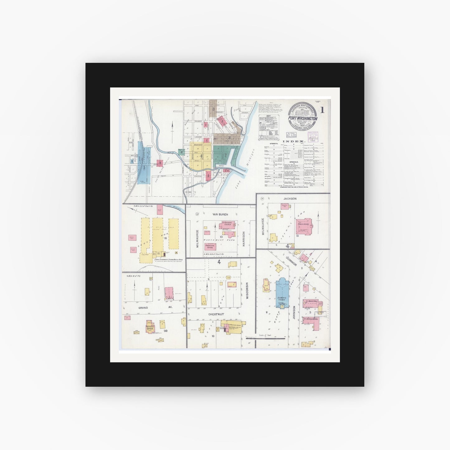 Old map wall art mockup — black gallery frame with white mat — Sanborn Fire Insurance Map from Port Washington, Ozaukee County, Wisconsin (1904) - Complete Map Set