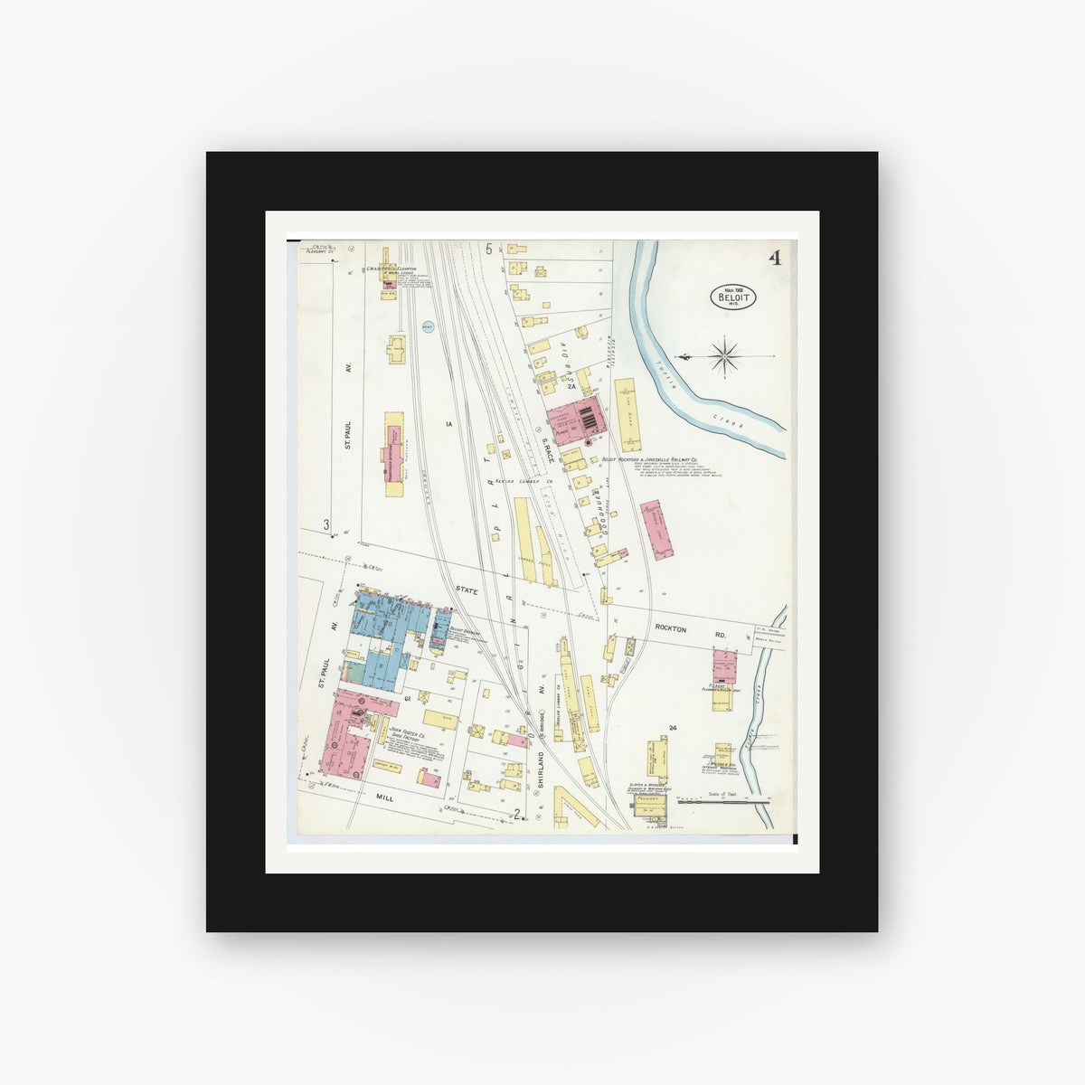Old map wall art mockup — black gallery frame with white mat — Sanborn Fire Insurance Map from Beloit, Rock County, Wisconsin (1908), Sheet #0004