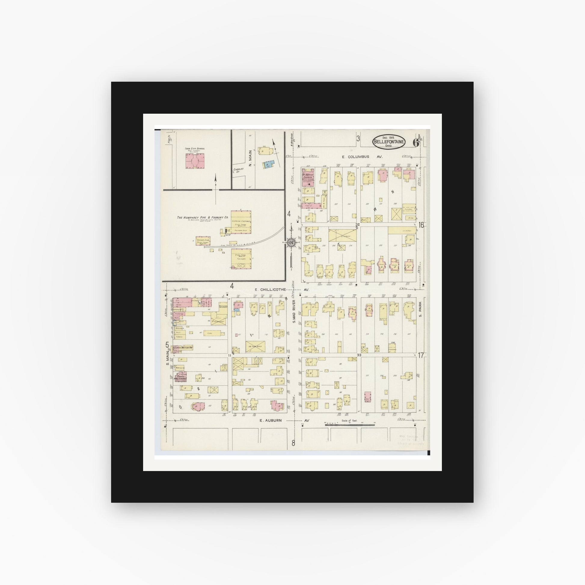 Old map wall art mockup — black gallery frame with white mat — Sanborn Fire Insurance Map from Bellefontaine, Logan County, Ohio (1914), Sheet #0006