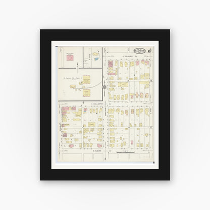 Old map wall art mockup — black gallery frame with white mat — Sanborn Fire Insurance Map from Bellefontaine, Logan County, Ohio (1914), Sheet #0006
