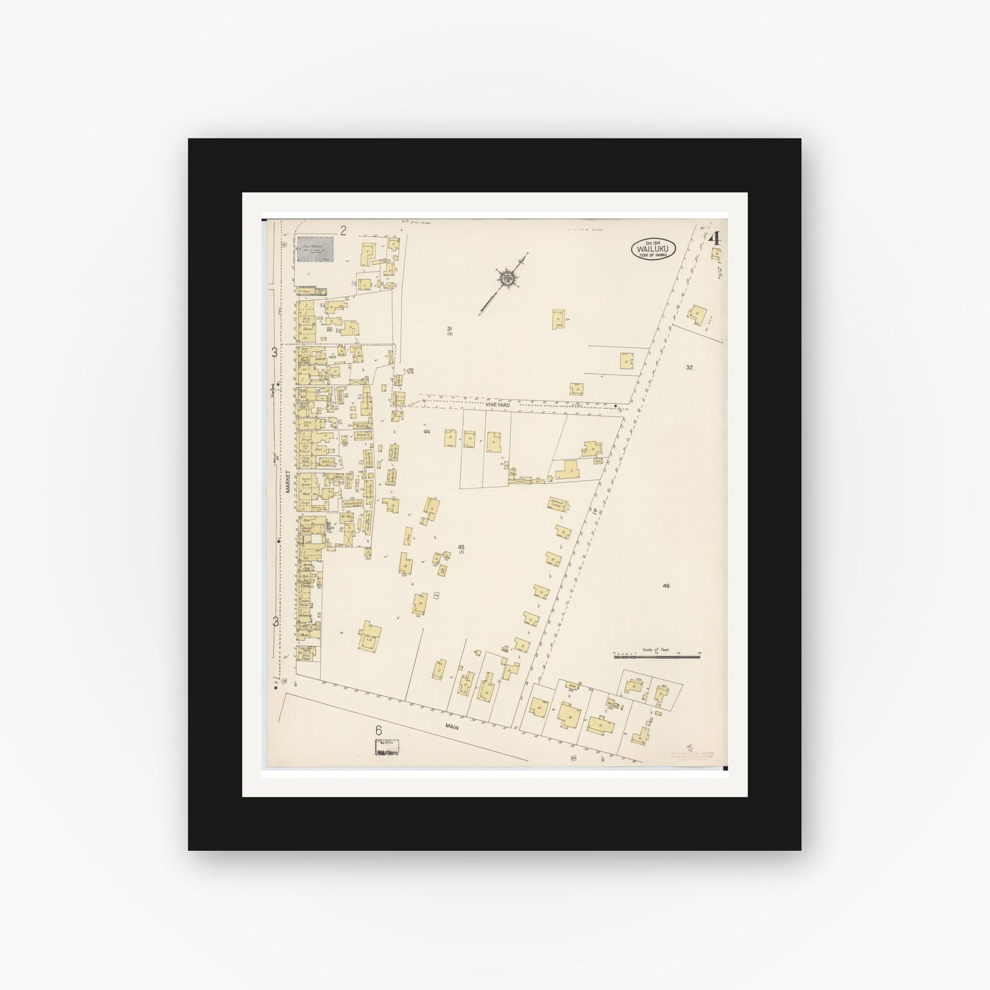 Old map wall art mockup — black gallery frame with white mat — Sanborn Fire Insurance Map from Wailuku, Maui County, Hawaii (1914), Sheet #0004