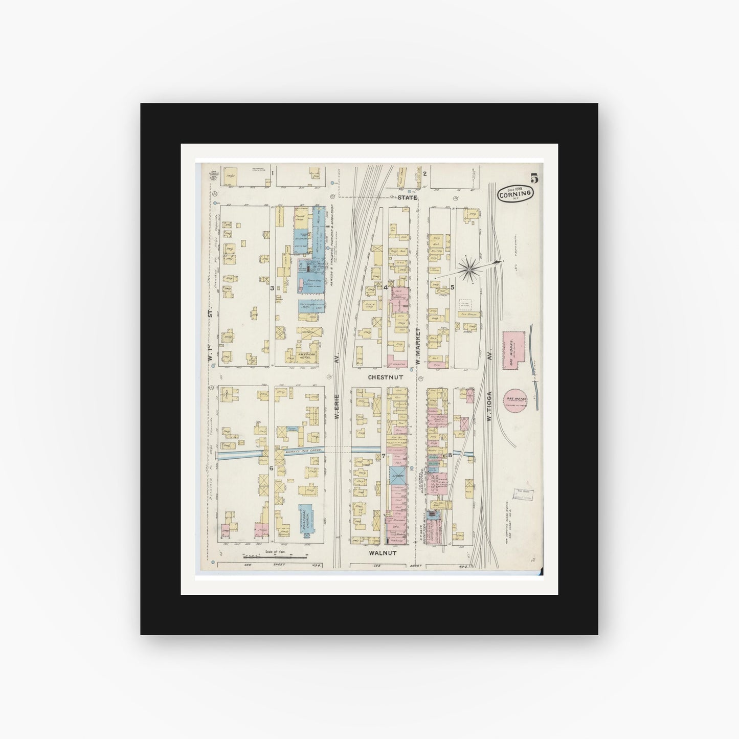 Old map wall art mockup — black gallery frame with white mat — Sanborn Fire Insurance Map from Corning, Steuben County, New York (1888), Sheet #0005