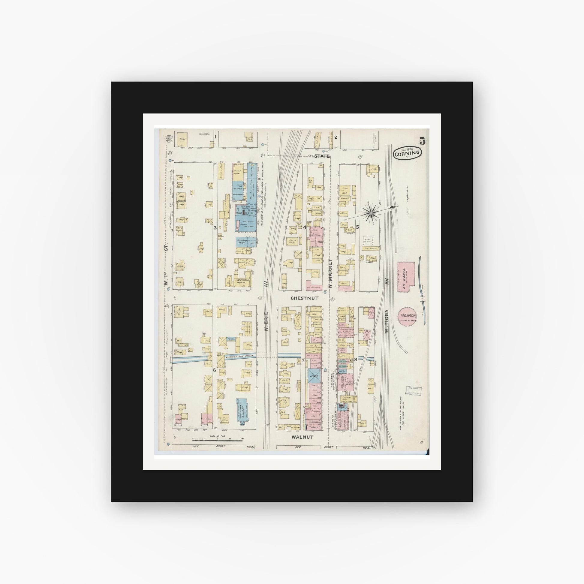 Old map wall art mockup — black gallery frame with white mat — Sanborn Fire Insurance Map from Corning, Steuben County, New York (1888), Sheet #0005