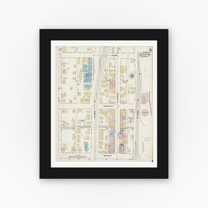 Old map wall art mockup — black gallery frame with white mat — Sanborn Fire Insurance Map from Corning, Steuben County, New York (1888), Sheet #0005