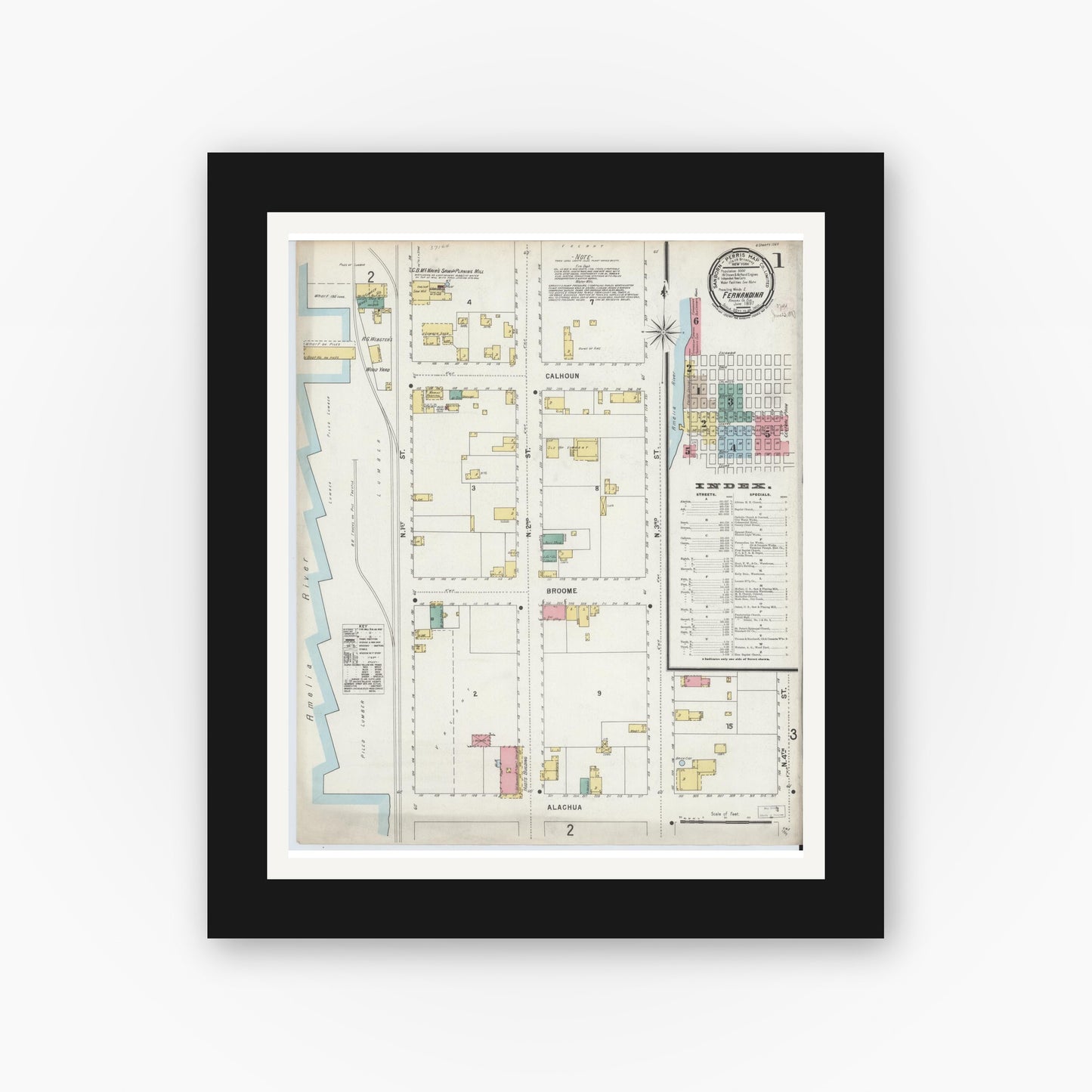 Old map wall art mockup — black gallery frame with white mat — Sanborn Fire Insurance Map from Fernandina, Nassau County, Florida (1897), Sheet #0001