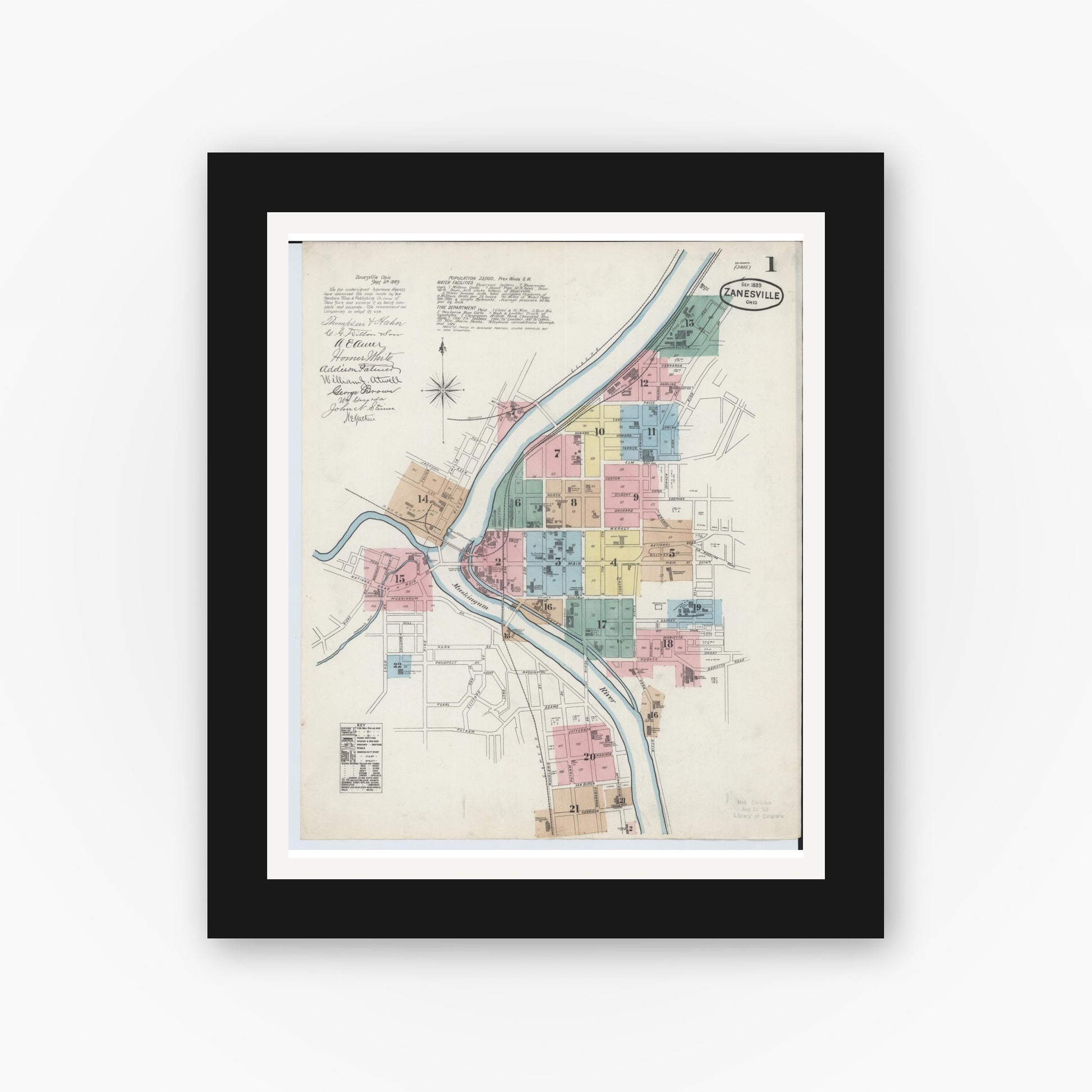 Old map wall art mockup — black gallery frame with white mat — Sanborn Fire Insurance Map from Zanesville, Muskingum County, Ohio (1889), Sheet #0001