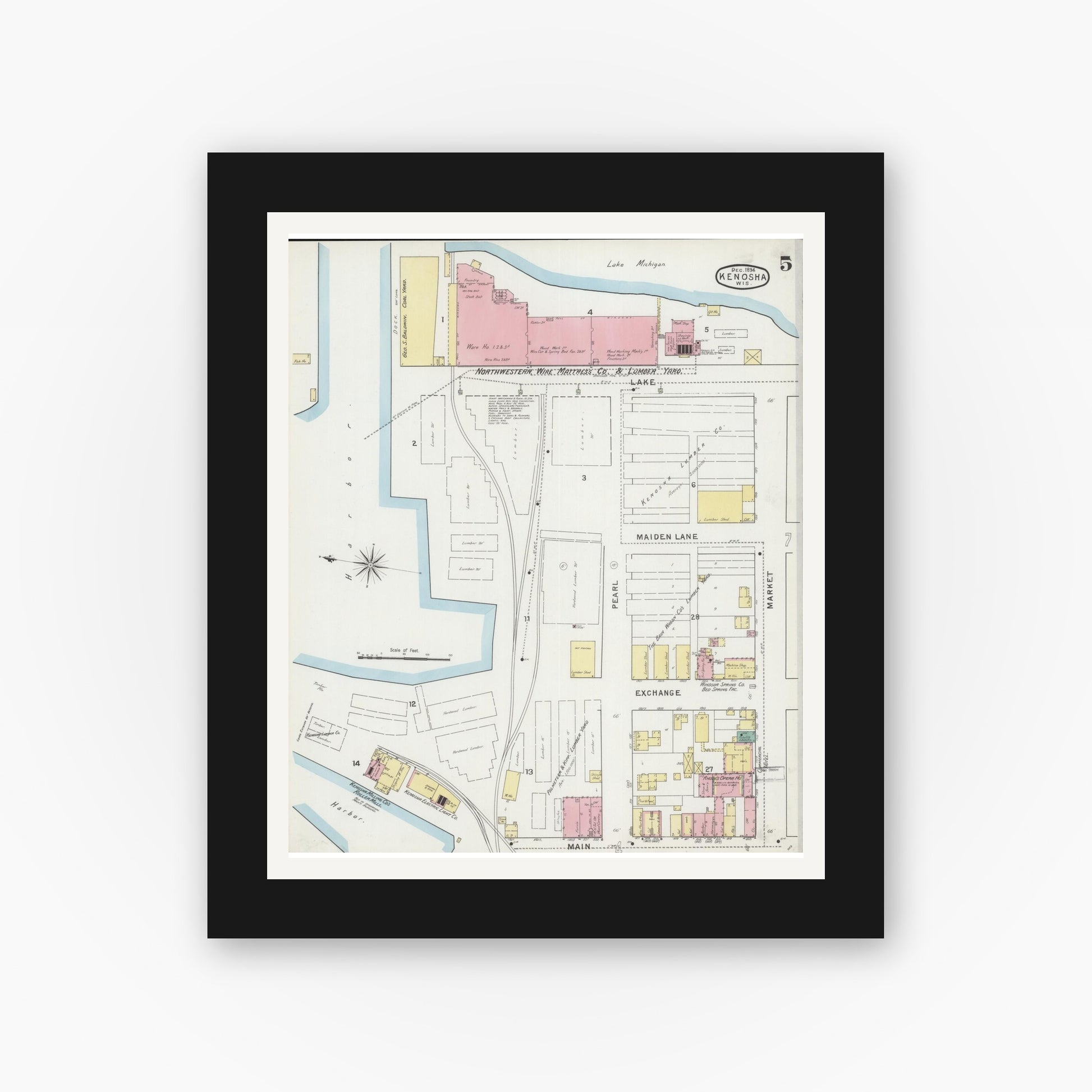 Old map wall art mockup — black gallery frame with white mat — Sanborn Fire Insurance Map from Kenosha, Kenosha County, Wisconsin (1894), Sheet #0005