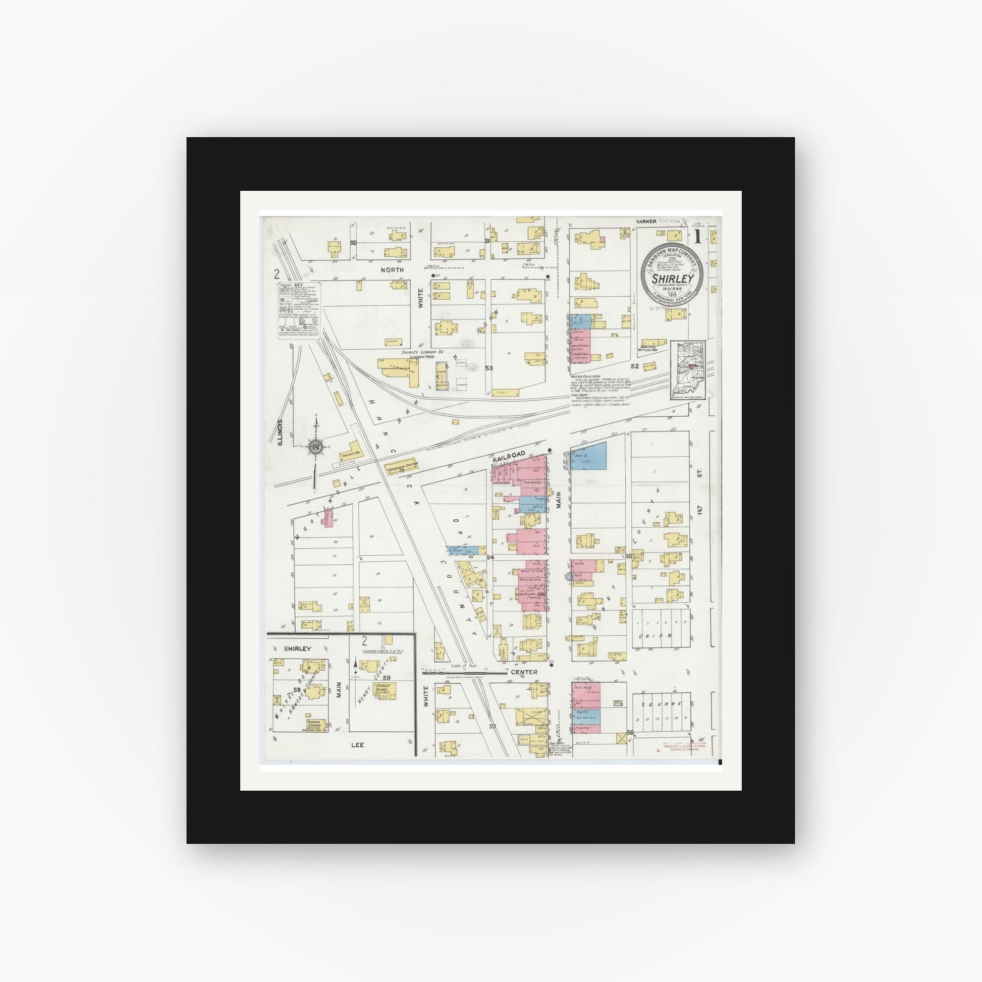 Old map wall art mockup — black gallery frame with white mat — Sanborn Fire Insurance Map from Shirley, Hancock And Henry Counties, Indiana (1919), Sheet #0001