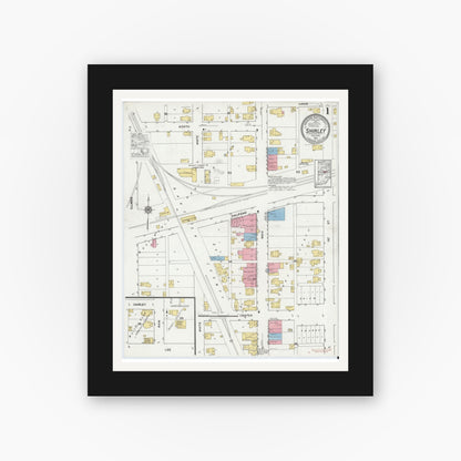 Old map wall art mockup — black gallery frame with white mat — Sanborn Fire Insurance Map from Shirley, Hancock And Henry Counties, Indiana (1919), Sheet #0001