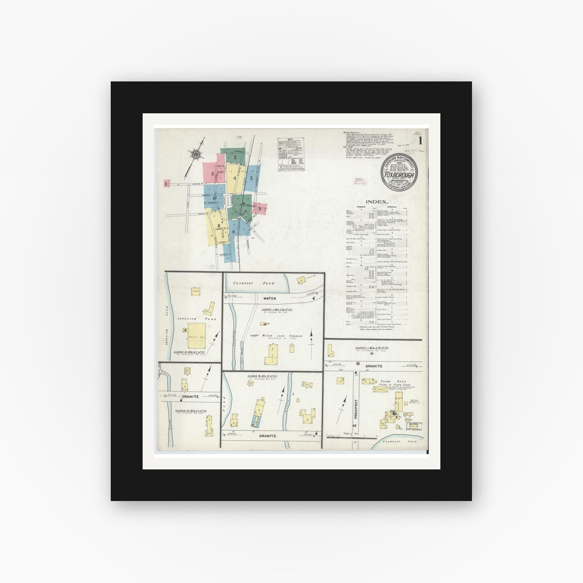 Old map wall art mockup — black gallery frame with white mat — Sanborn Fire Insurance Map from Foxboro, Norfolk County, Massachusetts (1911), Sheet #0001