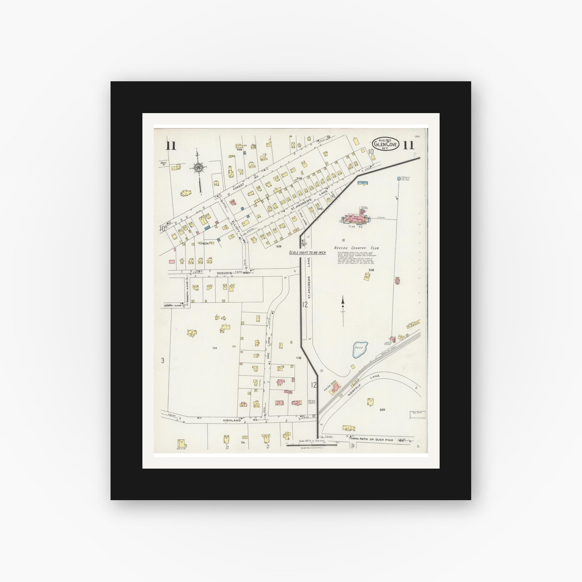 Old map wall art mockup — black gallery frame with white mat — Sanborn Fire Insurance Map from Glen Cove, Nassau County, New York (1925), Sheet #0011