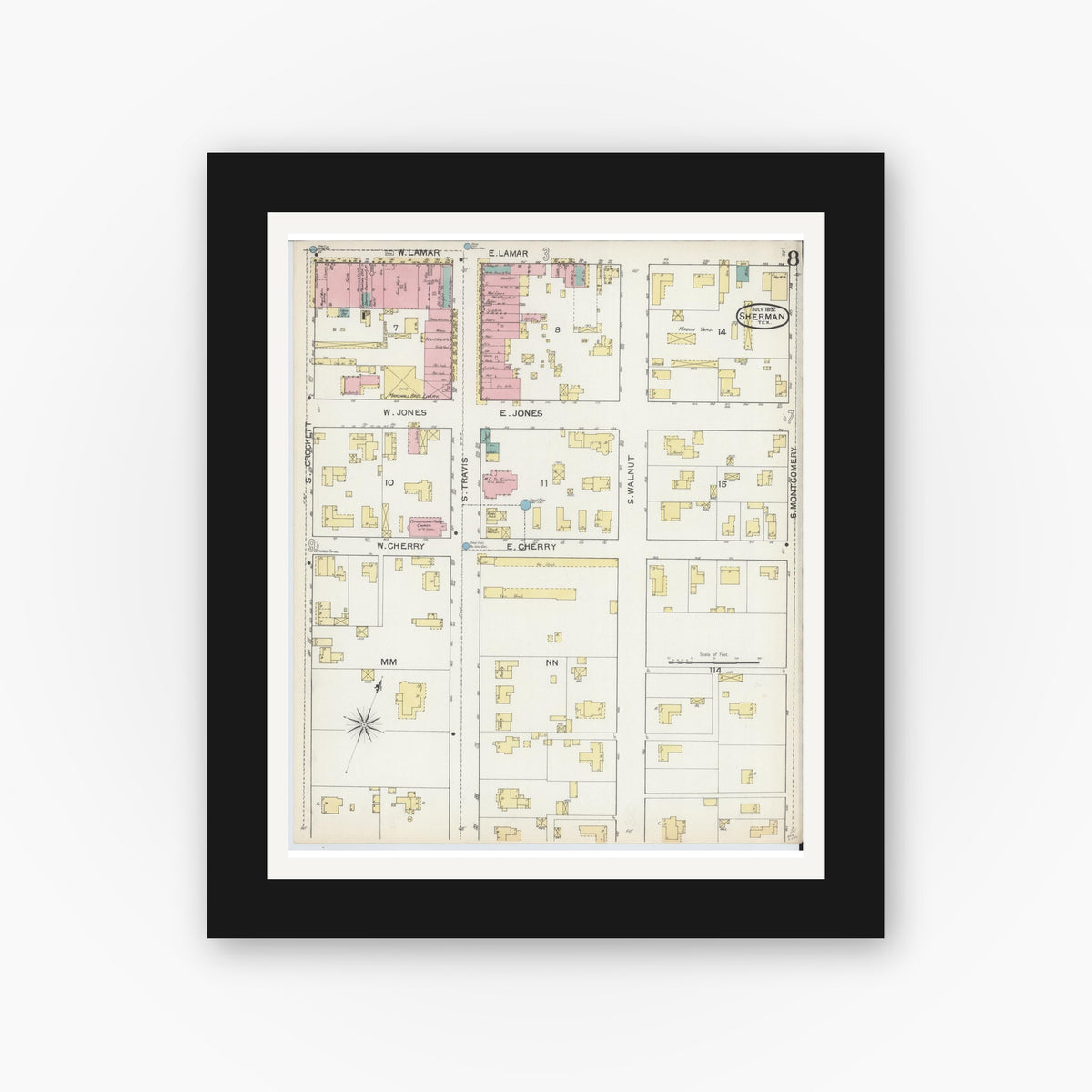 Old map wall art mockup — black gallery frame with white mat — Sanborn Fire Insurance Map from Sherman, Grayson County, Texas (1892), Sheet #0008