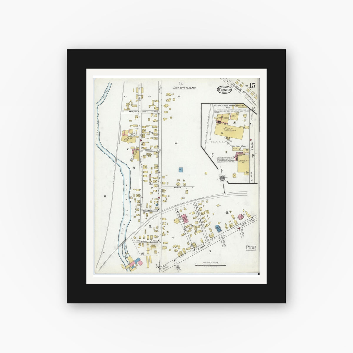 Old map wall art mockup — black gallery frame with white mat — Sanborn Fire Insurance Map from Webster, Worcester County, Massachusetts (1920), Sheet #0015