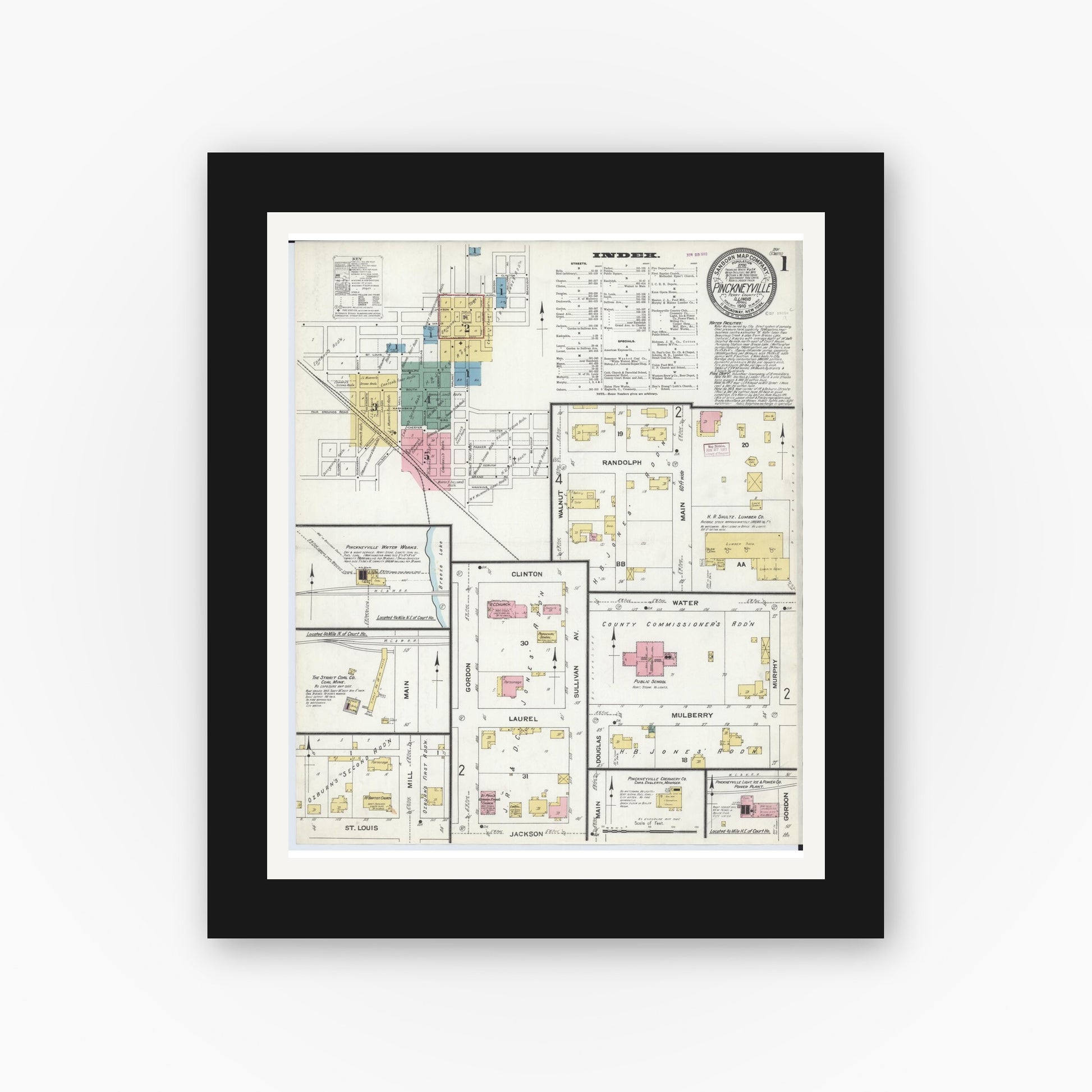 Old map wall art mockup — black gallery frame with white mat — Sanborn Fire Insurance Map from Pinckneyville, Perry County, Illinois (1910) - Complete Map Set