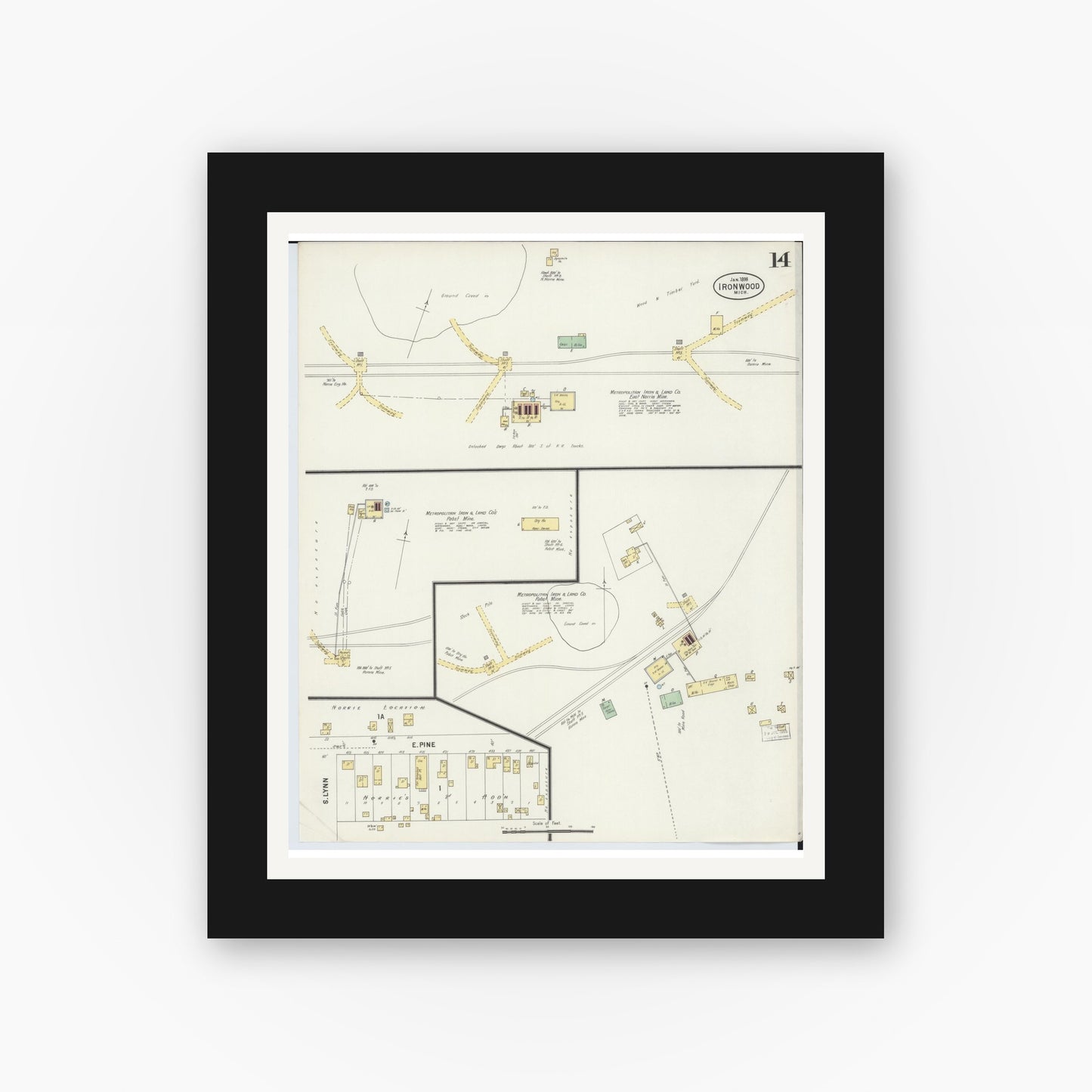 Old map wall art mockup — black gallery frame with white mat — Sanborn Fire Insurance Map from Ironwood, Gogebic County, Michigan (1898), Sheet #0014