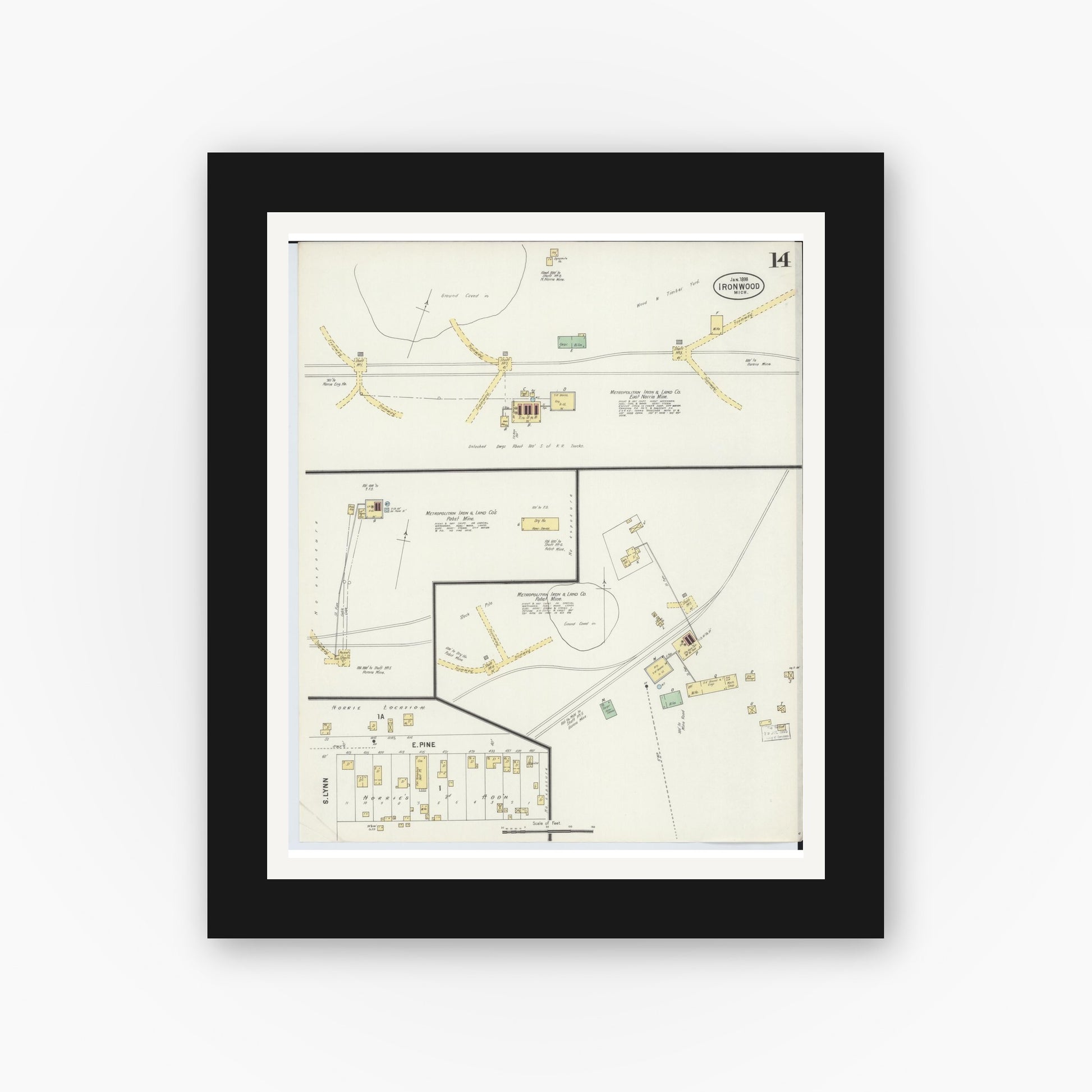 Old map wall art mockup — black gallery frame with white mat — Sanborn Fire Insurance Map from Ironwood, Gogebic County, Michigan (1898), Sheet #0014