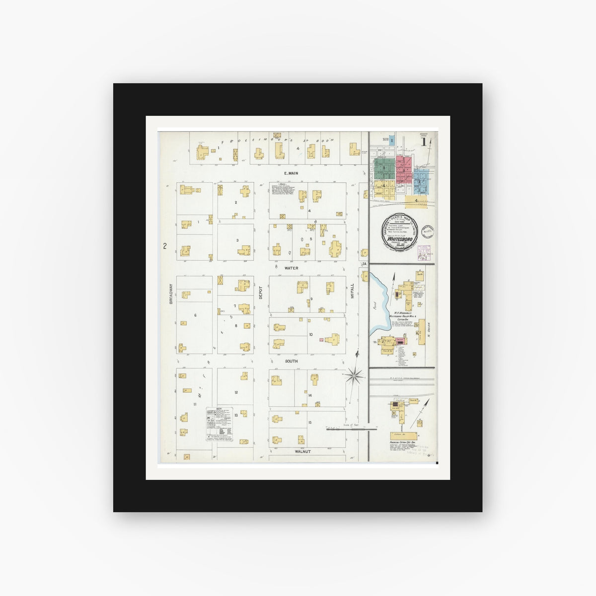 Old map wall art mockup — black gallery frame with white mat — Sanborn Fire Insurance Map from Whitesboro, Grayson County, Texas (1901), Sheet #0001