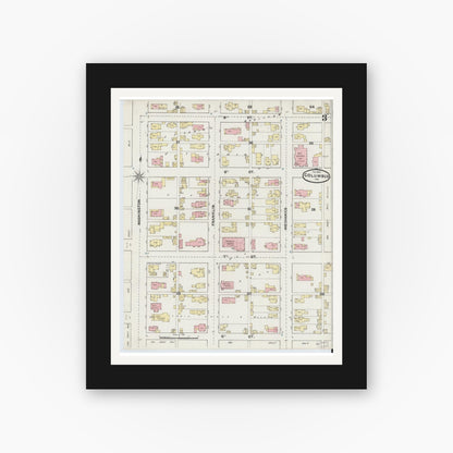 Old map wall art mockup — black gallery frame with white mat — Sanborn Fire Insurance Map from Columbus, Bartholomew County, Indiana (1890), Sheet #0003
