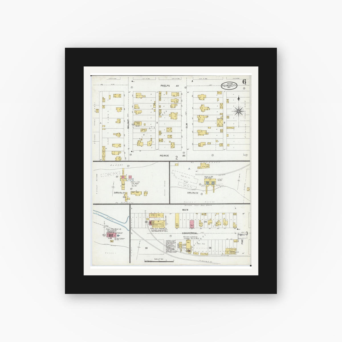 Old map wall art mockup — black gallery frame with white mat — Sanborn Fire Insurance Map from Pierce City, Lawrence County, Missouri (1902), Sheet #0006