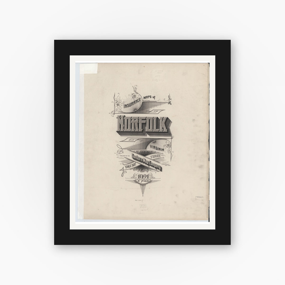 Old map wall art mockup — black gallery frame with white mat — Sanborn Fire Insurance Map from Norfolk, Independent Cities, Virginia (1921), Sheet #0001