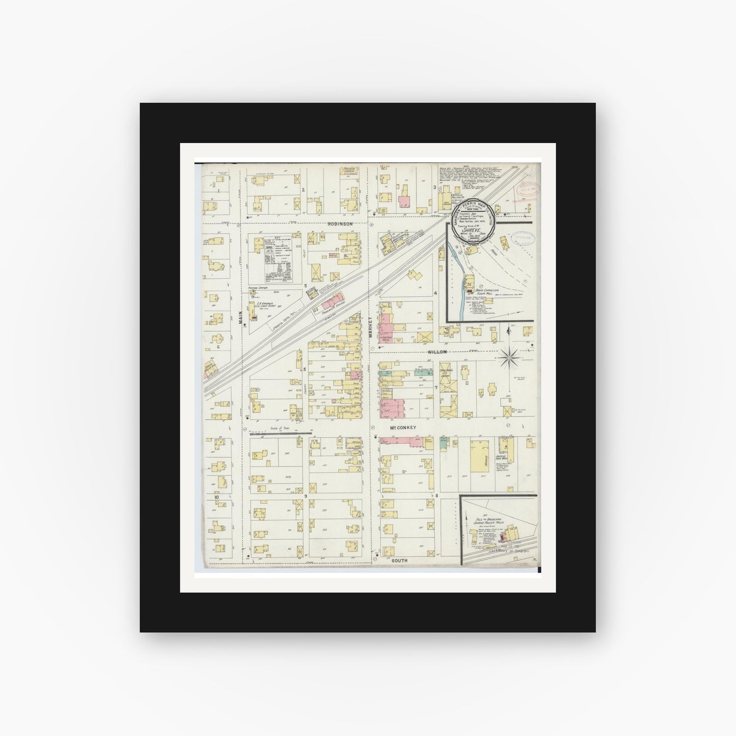 Old map wall art mockup — black gallery frame with white mat — Sanborn Fire Insurance Map from Shreve, Wayne County, Ohio (1898), Sheet #0001
