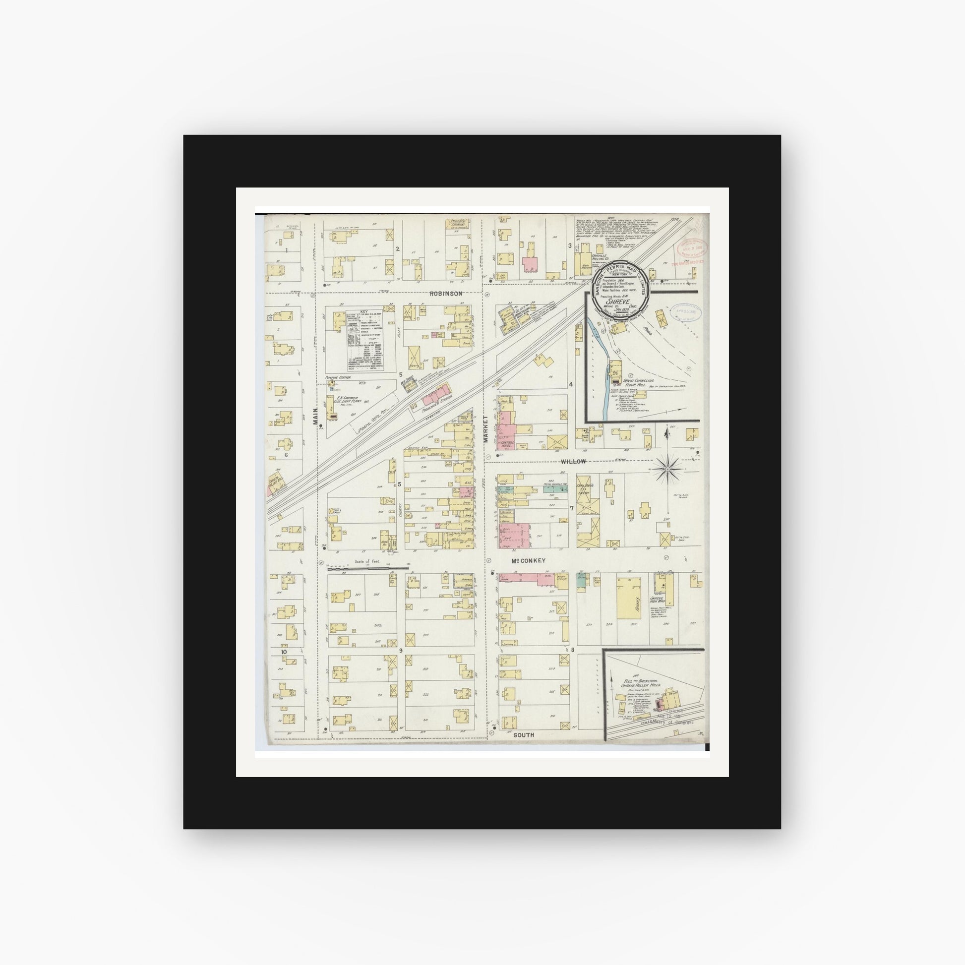 Old map wall art mockup — black gallery frame with white mat — Sanborn Fire Insurance Map from Shreve, Wayne County, Ohio (1898), Sheet #0001