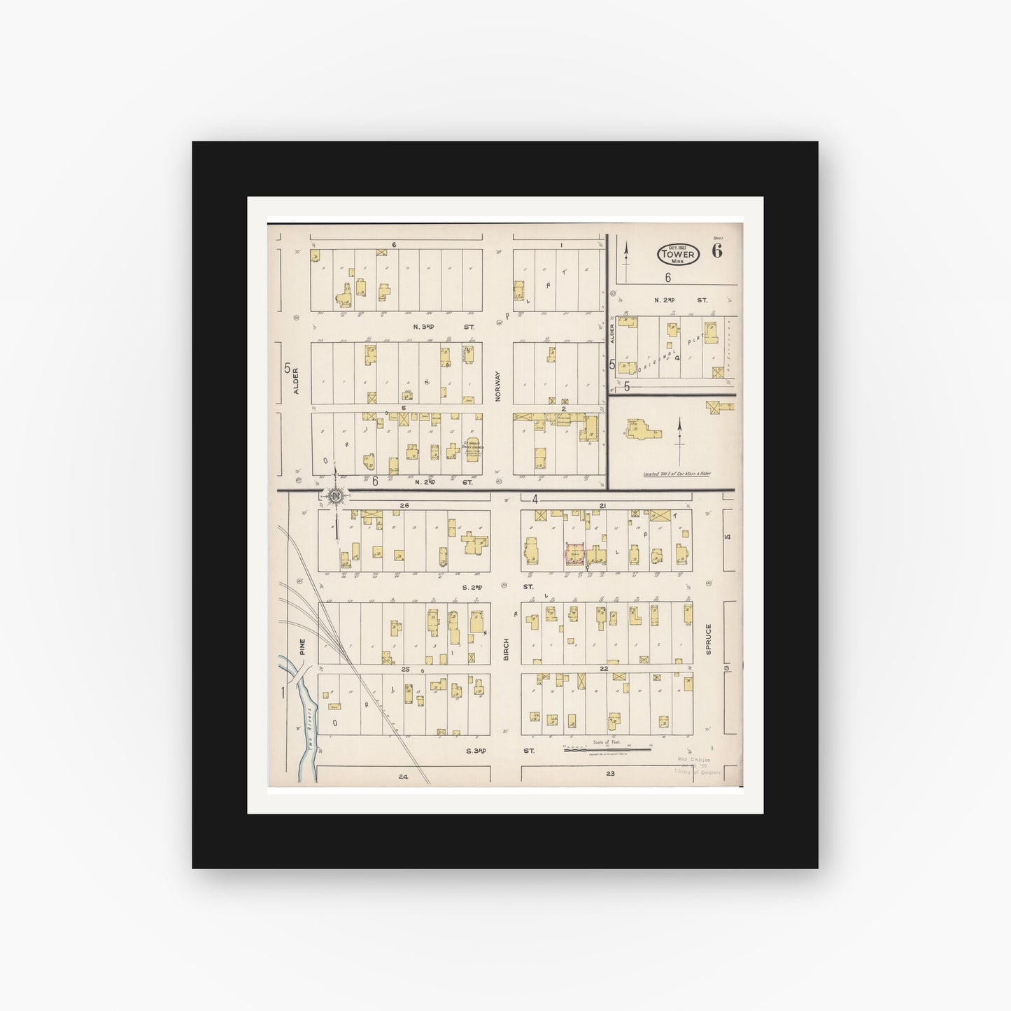 Old map wall art mockup — black gallery frame with white mat — Sanborn Fire Insurance Map from Tower, Saint Louis County, Minnesota (1921), Sheet #0006