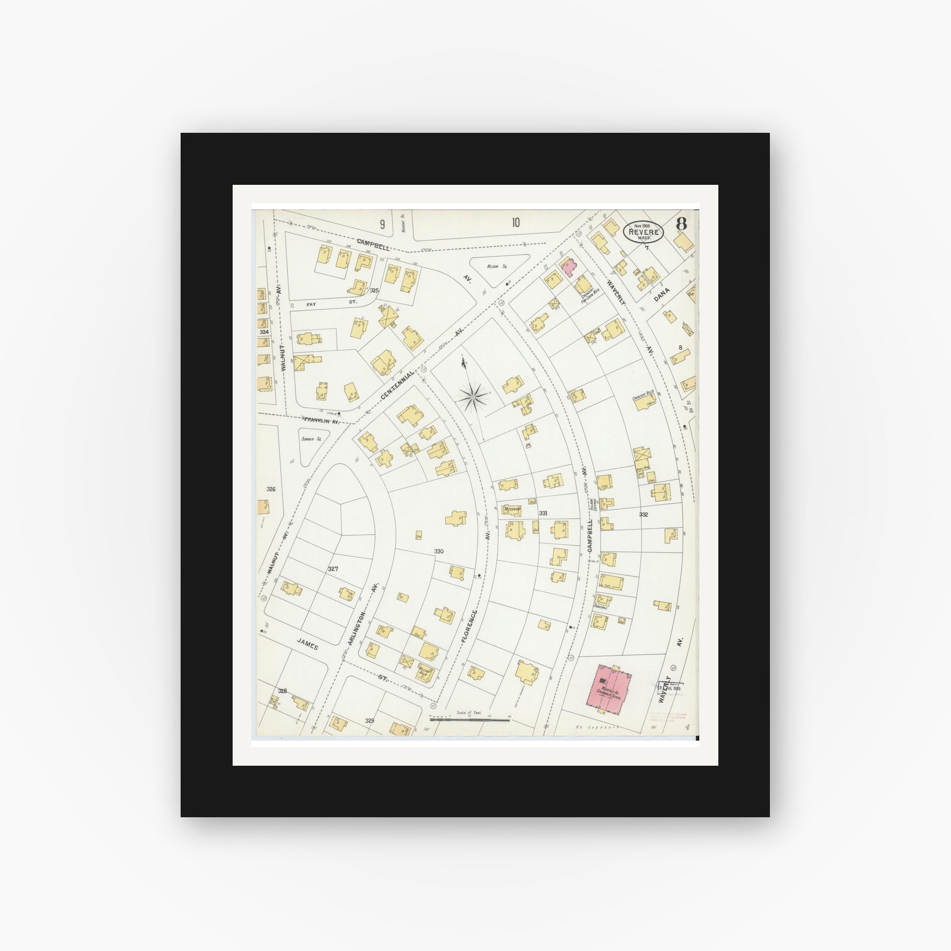 Old map wall art mockup — black gallery frame with white mat — Sanborn Fire Insurance Map from Revere, Suffolk County, Massachusetts (1900), Sheet #0008